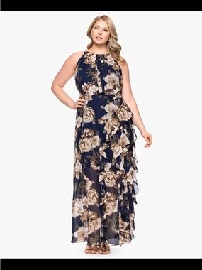 NWT Betsy & Adam Navy Blue Multi Floral Print Ruffled Sleeveless Gown Size 18W